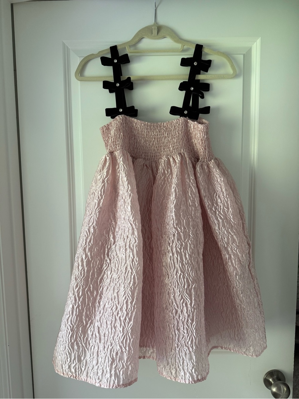 Sister Jane Pink Textured A-Line Dress with Black Bow Straps